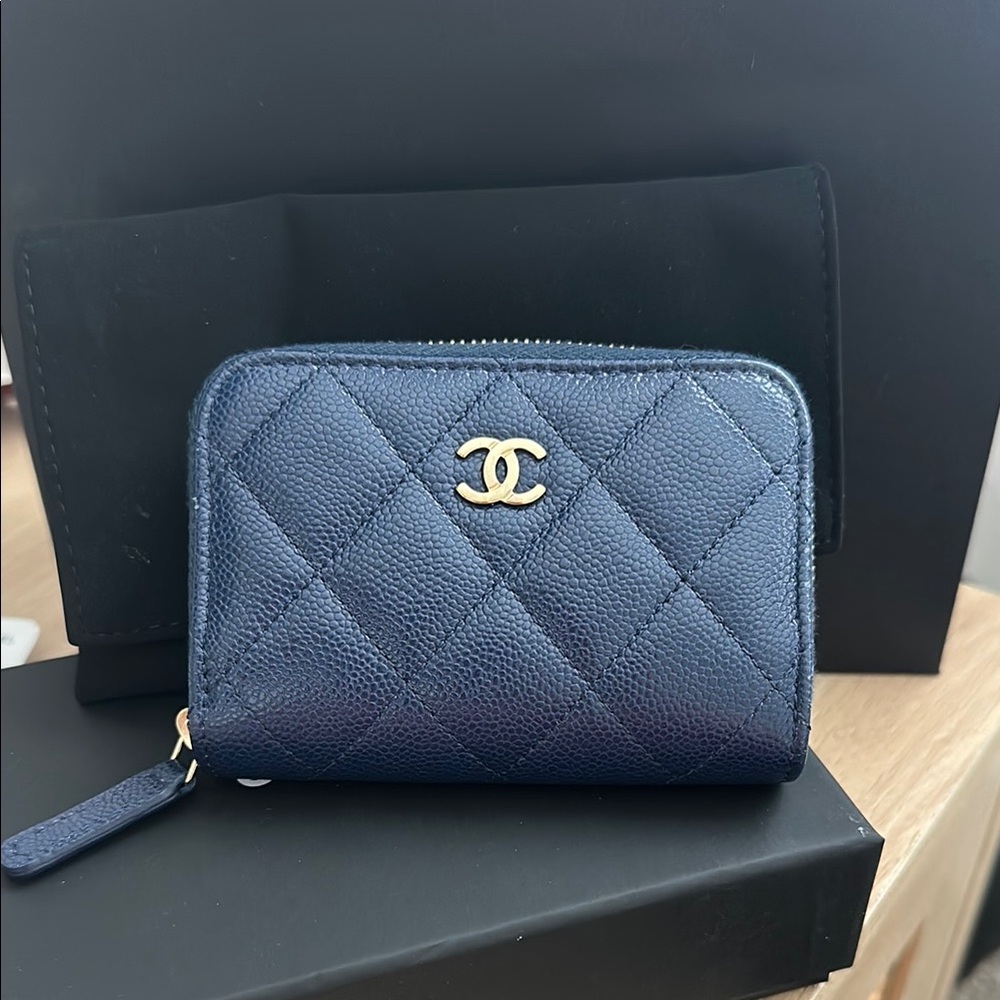 CHANEL Blue Quilted Wallet with Iconic Logo